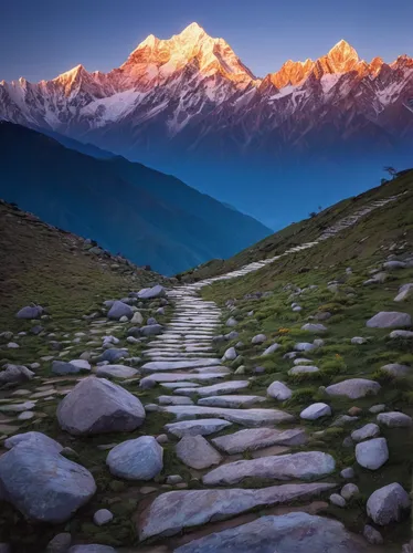 photo of rocks on path with mountain range in distance sunset himalayas india,everest region,annapurna,himalayas,himalaya,nepal,weisshorn,himalayan,alpine crossing,alpine route,mount everest,the pamir