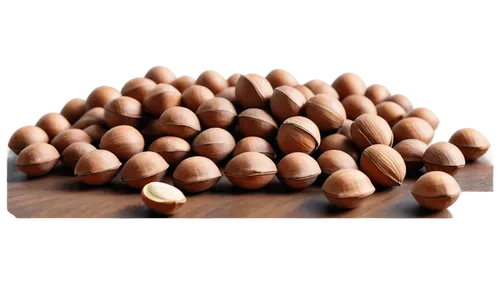 Hickory nuts, scattered on wooden table, brown shell, smooth surface, detailed texture, warm light, shallow depth of field, 3/4 composition, close-up shot, realistic rendering, high definition, cinema