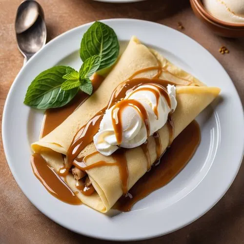 Crepe de Banana com Doce de Leite
Um crepe delicioso, recheado com bananas fatiadas e doce de leite. O crepe está enrolado, com o recheio visível nas extremidades e levemente caramelizado por fora. Se