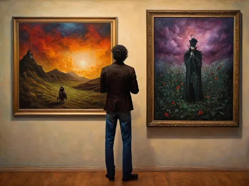 art dealer,art gallery,standing man,paintings,popular art,distant vision,surrealism,art,art world,pillars of creation,sacred art,the collector,fine art,hall of the fallen,contemporary witnesses,modern art,duality,heaven and hell,the illusion,art silhouette,Illustration,Realistic Fantasy,Realistic Fantasy 34