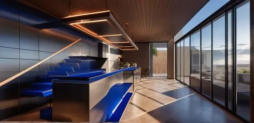 The floor, ceiling, and walls are all made of dark wood, cobalt blue matte middle eyeland bar, light is subtle orange, the light frame is black matte, the right side has a large glass window, the fram