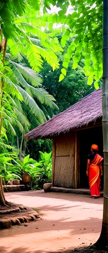 Bengali village scene, rural area, thatched roof huts, mud walls, wooden doors, straw mats, bamboo fences, lush green trees, coconut trees, banana plants, villagers in traditional clothes, saris, dhot