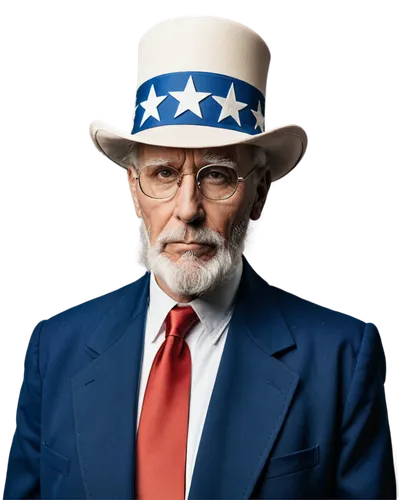 Uncle Sam, skull, old man, white beard, balding, star-spangled top hat, blue coat, white shirt, red tie, serious facial expression, wrinkles, aged skin, golden frame glasses, American flag in backgrou