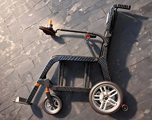 碳纤维电动轮椅车,a black luggage cart is on a stone road,trikke,hand truck,electric scooter,push cart,stroller,scootering,Anime,Anime,General