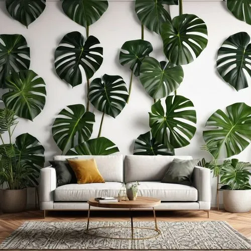 living room design .using monstera deliciosa as a pattern in walls . modern design . realistic,tropical leaf pattern,palm tree vector,tropical floral background,modern decor,house plants,money plant,m