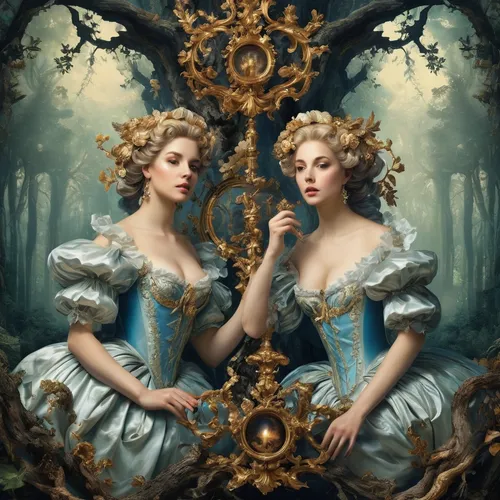 mirror image,gothic portrait,rococo,porcelain dolls,mirror reflection,fantasy portrait,cinderella,the mirror,mirror of souls,princesses,magic mirror,baroque,doll looking in mirror,baroque angel,fantasy art,mirrors,fairy tale icons,the three graces,mirrored,gemini,Art,Classical Oil Painting,Classical Oil Painting 01