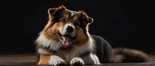 A dog, studio, photography, wooden floor, professional lights, black background, sitting, posing, cute expression, fluffy fur, brown eyes, tongue out, front paw raised, casual collar, simple chain tag