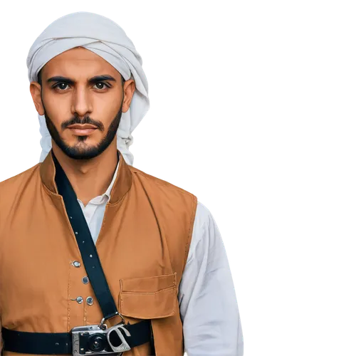 Yemeni man, traditional clothing, thawb, white headscarf, rugged facial features, strong eyebrows, dark eyes, warm skin tone, standing, leaning on old camera, leather strap, silver buckle, wooden back