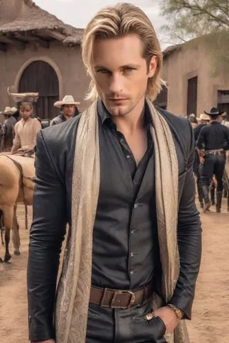 Men on a rich ranch in Jalisco, Mexico. Rich style. Blonde. Villain vibes, black clothes,a man in a leather jacket and a coin,gilsig,westerns,bohannon,cowpoke,jace,aramis,Photography,Realistic