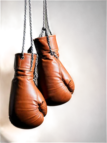 Hanging, boxing gloves, metal chain, rusty hook, old boxing ring ropes, worn-out leather, laces tied together, dramatic spotlight, low-key lighting, cinematic composition, close-up shot, shallow depth