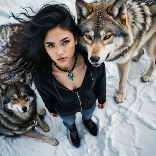 shot in the style of sksfer, photo of full body shot a young 18yo woman in alaska, beautiful black hair, with a wolf necklace with a gem in it, extreme detail and texture, professional photography,,wo