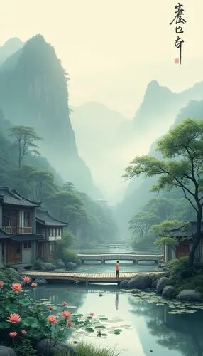 landscape background,japan landscape,oriental painting,shaoming,oriental,teahouse