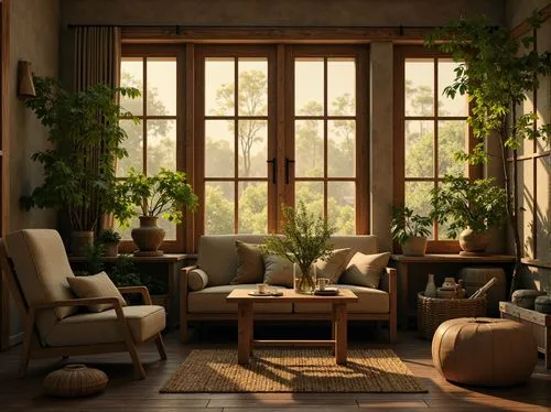 sunroom,indoor,living room,sitting room,houseplants,livingroom,house plants,wooden windows,houseplant,conservatory,indoors,winter window,home interior,interiors,rustic aesthetic,home corner,coziness,bay window,bamboo curtain,apartment lounge