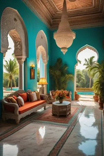 Traditional Indian villa, intricate carvings, ornate decorations, arched windows, domed roof, vibrant turquoise walls, white marble floors, lush greenery surrounding, tall palm trees swaying gently, w