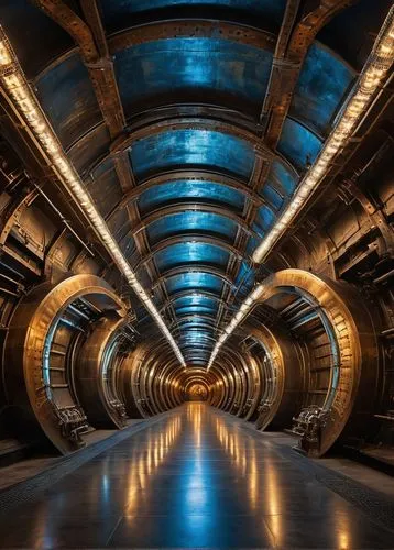 Futuristic tunnel, modern architecture, sleek lines, metallic materials, LED lights, glowing blue accents, curved glass ceiling, stone walls, concrete floor, high-tech gadgets, control panels, pipes, 