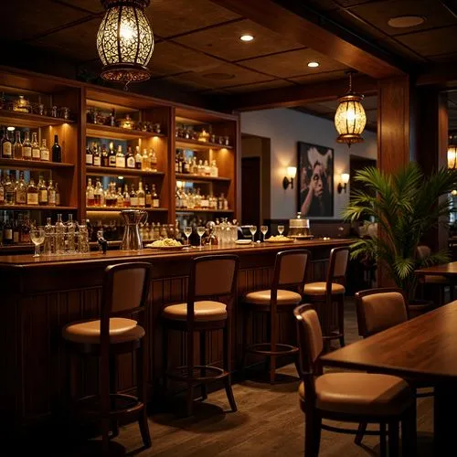 Dimly lit cocktail bar, rich wood tones, velvety smooth surfaces, ornate metal fixtures, luxurious leather stools, vintage-inspired lighting fixtures, warm golden hues, soft glowing lanterns, intricat