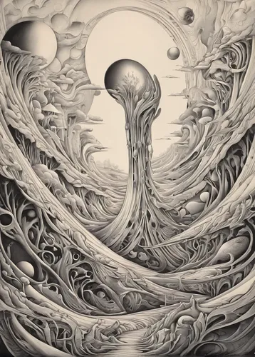 mushroom landscape,surrealism,psychedelic art,surrealistic,mirror of souls,sci fiction illustration,dead earth,the vessel,biomechanical,polarity,mother earth,astral traveler,mysticism,yinyang,symbiotic,deep sea nautilus,tree of life,ego death,meridians,consciousness,Illustration,Black and White,Black and White 07