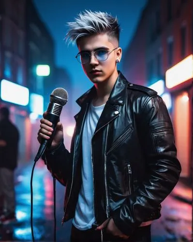 Discord moderator, young adult, male, short spiky hair, blue eyes, fair skin, silver glasses, black leather jacket, white shirt, dark jeans, sneakers, holding a microphone, standing in front of a city