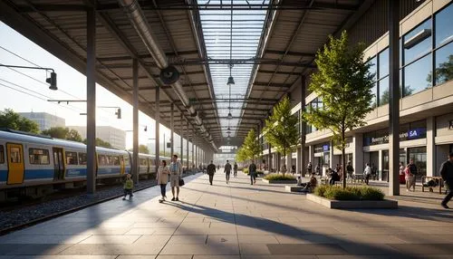 Vibrant train station, modernist architecture, clean lines, minimal ornamentation, functional design, industrial materials, exposed ductwork, urban landscape, bustling city scene, morning rush hour, n