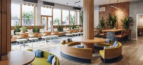 Generate a sketch of a modern coffee shop interior. The space should feature a cozy, minimalist design with warm lighting. Include wooden tables, comfortable seating areas with cushions, and a counter