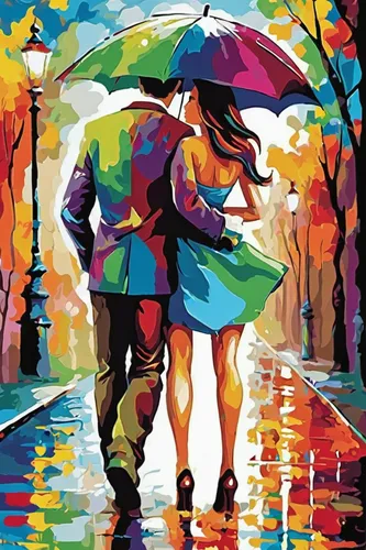 romantic scene,walking in the rain,girl and boy outdoor,art painting,umbrellas,young couple,two people,oil painting on canvas,love couple,dancing couple,colorful background,couple in love,in the rain,couple silhouette,as a couple,man and woman,umbrella,loving couple sunrise,beautiful couple,love background,Conceptual Art,Oil color,Oil Color 21