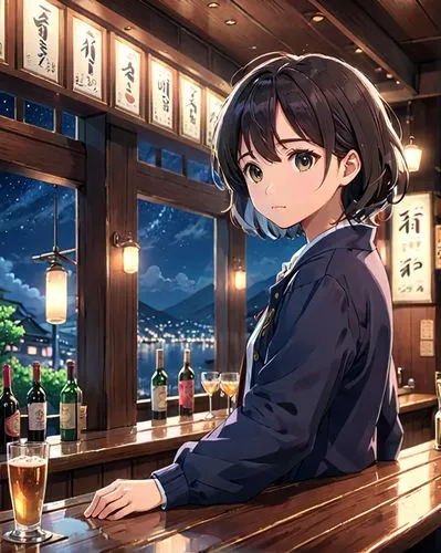 izakaya,shosenkyo drunk,barmaid,bartender,darjeeling tea,bar,japanese whisky,drinking,drinking establishment,sake,pub,dusk background,have a drink,beer,asahi,protected cruiser,euphonium,yuki nagato sos brigade,darjeeling,sanya,Anime,Anime,General