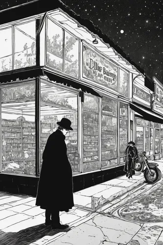 convenience store,diner,sci fiction illustration,grocer,butcher shop,shopkeeper,retro diner,greengrocer,soda shop,cold cut,fishmonger,deli,black city,gas-station,grocery,takeaway,groundhog day,coney island,sherlock holmes,thames trader,Illustration,Black and White,Black and White 24