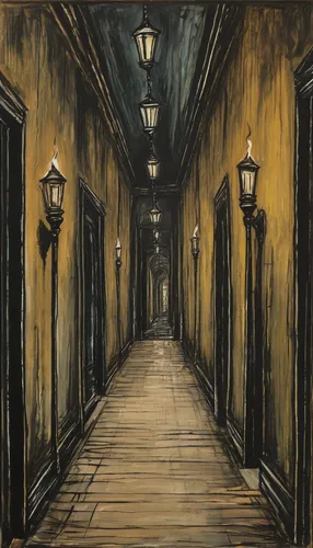 gas lamp,corridor,narrow street,hallway,passage,old linden alley,street lamps,thoroughfare,boulevard,braque saint-germain,blind alley,street lights,the boulevard arjaan,alleyway,watercolor paris,walkway,hallway space,lamplighter,vincent van gough,vanishing point,Art,Artistic Painting,Artistic Painting 01