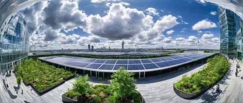 Modern skyscraper, active-passive architecture, glass facade, steel structure, rooftop garden, green walls, solar panels, wind turbines, urban cityscape, busy streets, contemporary buildings, blue sky