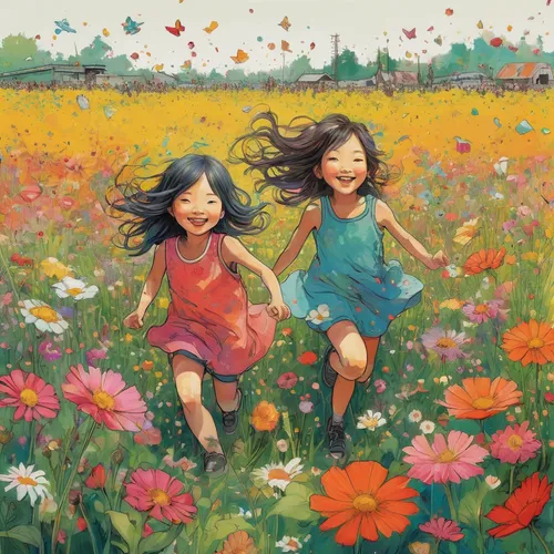 flower painting,meadow play,field of flowers,blooming field,flower field,flowers field,picking flowers,falling flowers,sea of flowers,girl in flowers,pink daisies,flying dandelions,scattered flowers,flower meadow,bright flowers,girl picking flowers,daisies,meadow flowers,little girls walking,wildflowers,Conceptual Art,Graffiti Art,Graffiti Art 05