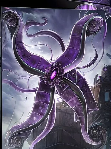 the tentacles of a giant evil purple squid, in the centre there is his mouth with teeth, dark blue background, there is a sewer cover
 in the top of the tentacles 
,medusa gorgon,kraken,tentacles,silv