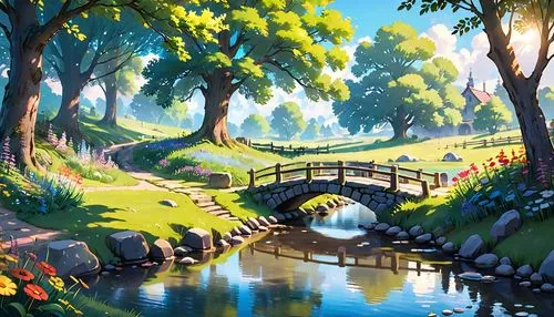 scenic bridge,landscape background,idyllic,studio ghibli,river landscape,stone bridge,wooden bridge,crescent spring,walk in a park,dragon bridge,springtime background,mountain spring,pathway,japanese garden,fantasy landscape,log bridge,brook landscape,nature landscape,cartoon video game background,japan garden,Anime,Anime,Cartoon