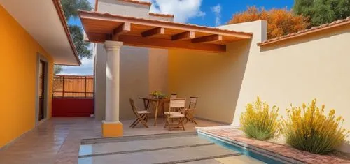 REMODELACION DE UNA CASA CON ESTILO MEXICANO, USO DE COLORES VIVOS, MADERA, PISOS DE BARRO, FLORES Y UN ESPEJO DE AGUA CON FUENTE EN UN MURO,an outdoor patio features orange wall and white columns,3d 