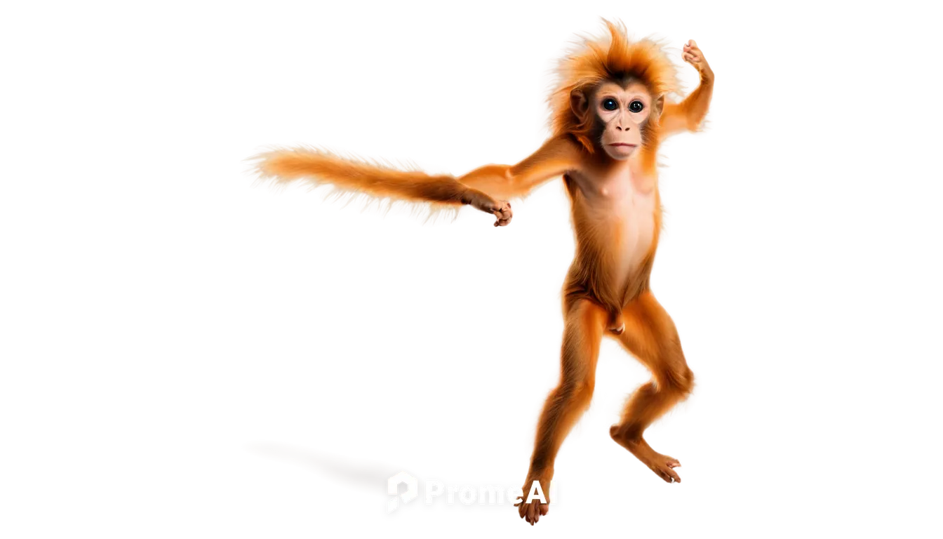 Monkey, wild hairstyle, vibrant orange fur, long arms, agile legs, big round eyes, playful facial expression, messy hair sticking out in all directions, bright colorful highlights, shiny fur texture, 