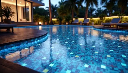 Futuristic pool deck, iridescent glass tiles, holographic water effects, metallic mosaic patterns, neon-lit infinity edges, luminous LED flooring, hydrophobic coatings, ripple-inspired textures, 3D-pr