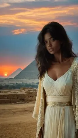 As the sun sets behind the ancient stone walls of Giza, a majestic lone figure gazes radiantly at the serene mystical world below. The scene is set against a fiery orange glow, casting a radiant glow 