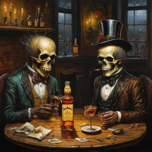 memento mori,dance of death,drinking party,danse macabre,scull,skull bones,playing cards,skull rowing,skeletons,romantic dinner,fraternity,gothic portrait,skull racing,skull and crossbones,jack daniels,vintage skeleton,business meeting,skulls,drinking establishment,days of the dead,Illustration,Realistic Fantasy,Realistic Fantasy 34