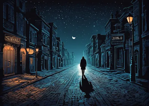 night scene,lamplighter,night image,sci fiction illustration,the cobbled streets,nocturnes,girl walking away,sleepwalker,world digital painting,at night,background vector,gas lamp,light of night,moonlit night,nightscape,street lights,pilgrim,vector illustration,pedestrian,before dawn,Illustration,Vector,Vector 21