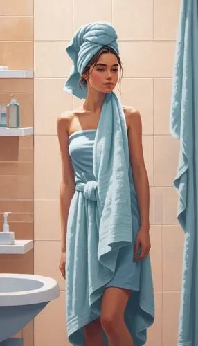 bathrobe,towel,in a towel,shower curtain,the girl in the bathtub,shower cap,towels,girl with cloth,laundress,bathing,feminine hygiene,bath,digital painting,guest towel,shower,girl in cloth,hygiene,taking a bath,kitchen towel,bathroom tissue,Conceptual Art,Fantasy,Fantasy 32