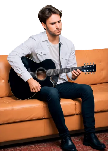 Melancholic man, solo, (30yo), sorrowful expression, tearful eyes, messy brown hair, casual wear, white shirt, black jeans, sitting on couch, holding guitar, dim room lighting, warm color tone, shallo