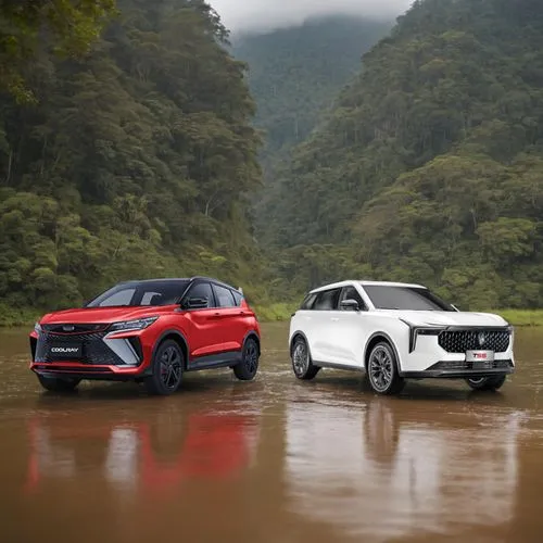 2 cars facing eachothers with the beautifull river infront of them, and the rainforest in the background,lamborghini urus,kia motors,crossover suv,hyundai,off-road vehicles,mg cars,range rover evoque,