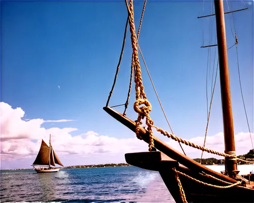 Old wooden sailboat, rusty bell, golden rope, intricate carvings, worn-out deck, majestic mast, fluttering sails, seagull perched, sunny day, clear blue sky, soft white clouds, shallow water reflectio