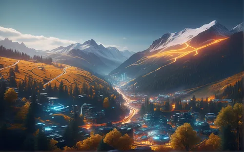 mountain valley,autumn mountains,valley,fire in the mountains,alpine village,mountain valleys,mountain pass,mountain village,fantasy landscape,mountainous landscape,northernlight,mountainside,high alps,zermatt,mountain landscape,mountain world,mountains,mountain highway,mountain sunrise,alpine drive,Photography,General,Sci-Fi