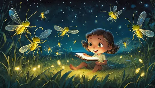 fireflies,little girl reading,little girl fairy,firefly,child fairy,fairy galaxy,children's fairy tale,child with a book,magic book,fairy dust,rosa ' the fairy,fairy,fairies,faerie,starflower,girl picking flowers,garden fairy,dandelion flying,fairy tale,kids illustration,Illustration,Abstract Fantasy,Abstract Fantasy 23