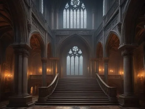 hall of the fallen,theed,sanctuary,cathedral,haunted cathedral,labyrinthian,gothic church,empty interior,transept,hallway,the throne,ecclesiatical,staircase,organ,entrance hall,illumination,crypt,main organ,pipe organ,sanctum,Conceptual Art,Fantasy,Fantasy 28