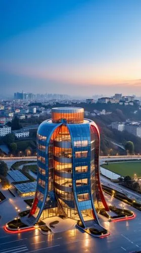 an impressive architectural design of a futuristic building, possibly inspired by the form of a peeled banana. The building features sweeping, curved structures that resemble the elegant, elongated pe