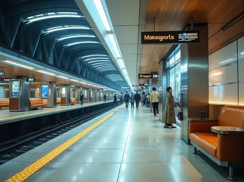 Vibrant metro station, modern architecture, sleek lines, stainless steel accents, bright LED lighting, calming color scheme, soothing blues, creamy whites, warm beiges, rich wood tones, industrial met