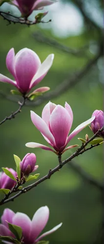 Magnolia, close-up, photography, high detail, DSLR, film lighting, still life, no one, green background, pink flowers, background blur, purple flowers, simple background, realistic, tree branch, depth