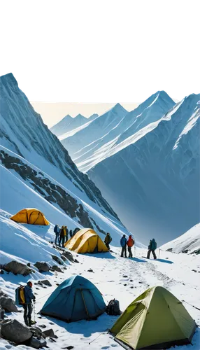 Everest Base Camp, Himalayan landscape, snowy mountain peaks, tents and camping gear, trekking poles, oxygen tanks, mountaineers in down jackets, warm hats and gloves, backpacks, ropes and carabiners,