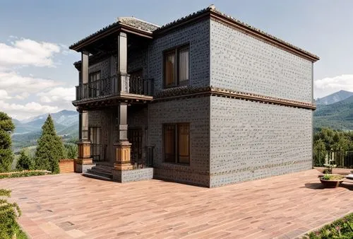 architectural view, copper coverings, country house with pitch roof, house in the mountains, trees, bushes around the house, lage openings on the building,wooden house,build by mirza golam pir,house i